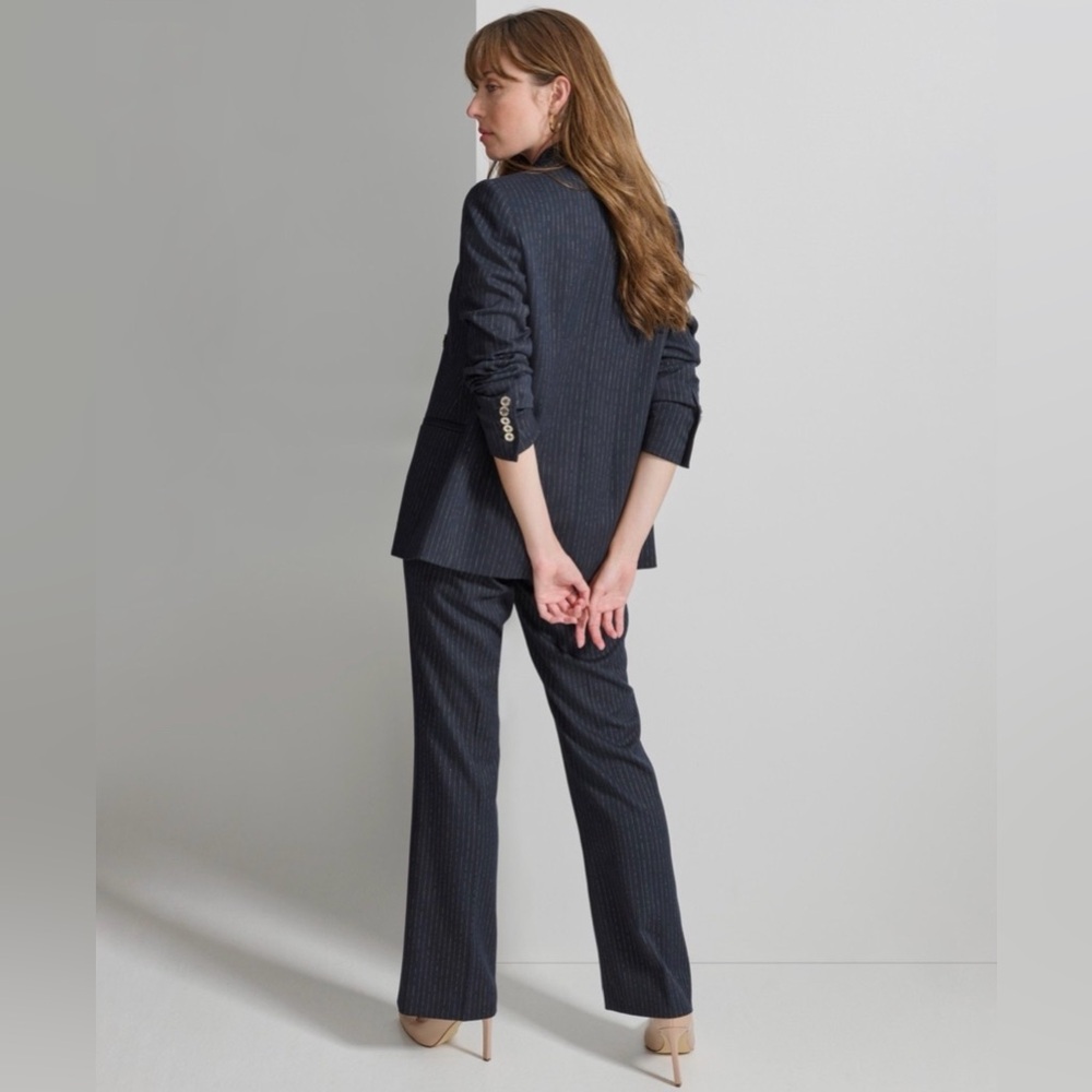 NWOT Tommy Hilfiger Navy Metallic Gold Pinstripe Double-Breasted Blazer Size 4 - Picture 3 of 10